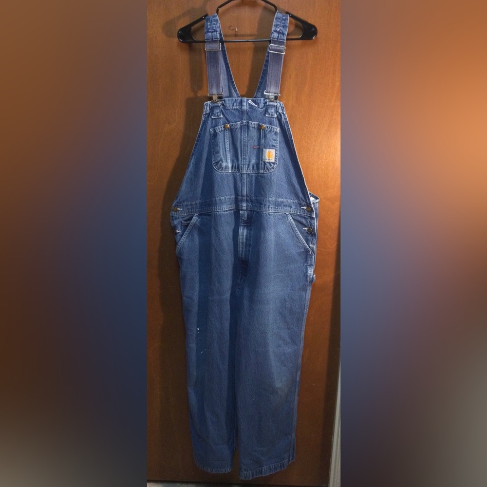 Carhartt Bib Overalls Mens 46x32 Blue Denim R08DNM Paint Splatter Workwear - Picture 2 of 9